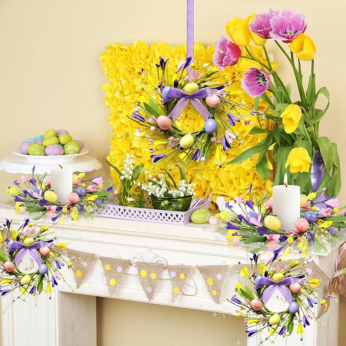 8 PCS Mini Easter Wreaths for Front Door Small Artificial Pastel Easter Egg Kitchen Cabinet Wreath Spring Summer Hanging Floral Wreath with Ribbon Berry for Home Porch Wall Window Farmhouse Decor