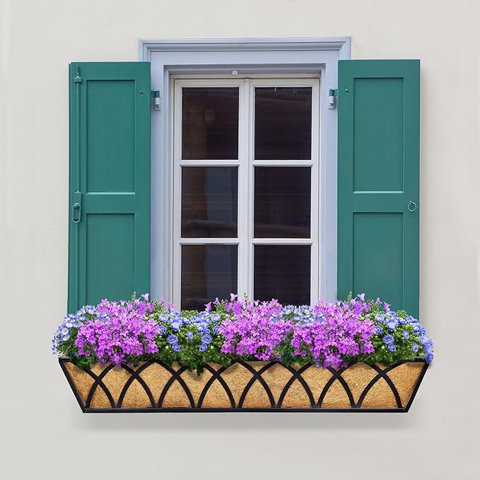 Y&M 30 Inch Window Deck with Coco Liner, Fence Metal Hanging Flower Planter Basket Deck Railing Planter Boxes for Outdoor Garden Lawn, 30" Window Boxes Horse Trough with Coconut Coir Liner,4pcs