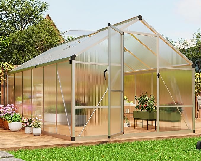 8X12 FT Outdoor Polycarbonate Greenhouse, Sturdy Aluminum Frame, Adjustable Roof Vent, Ideal for Backyard, Patio, or Garden, All-Weather Green House for Growing Plants and Vegetables