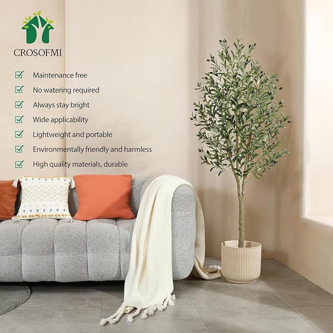 CROSOFMI Artificial Olive Tree Plant 6Ft Fake Topiary Silk Tree, Perfect Faux Plants in Pot for Indoor Outdoor House Home Office Garden Modern Decoration Housewarming Gift,1Pcs