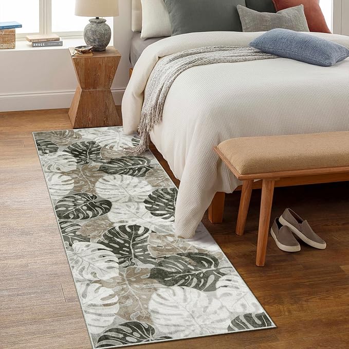 Wonnitar 2x6 Washable Runner Rug, Monstera Non-Slip Runner Rugs for Hallway Leaf Laundry Room Mat, Tropical Soft Low Pile Entryway Indoor Carpet for Kitchen Bathroom Decor, Khaki