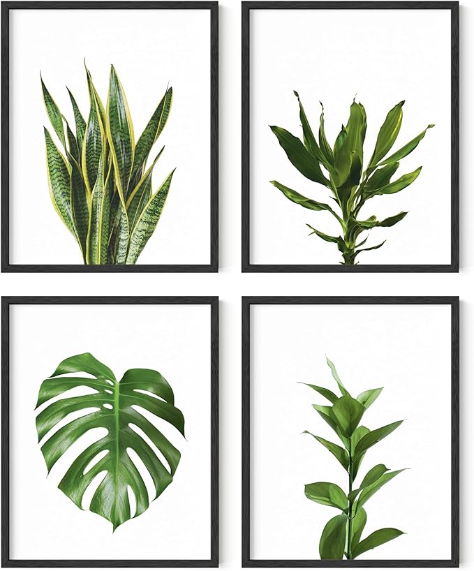 HAUS AND HUES Plant Wall Art - Set of 4 Green Plant Pictures Collection, Botanical Prints, Sage Green Leaves Paintings, Minimalist Wall Decor (11x14, Black Frame)