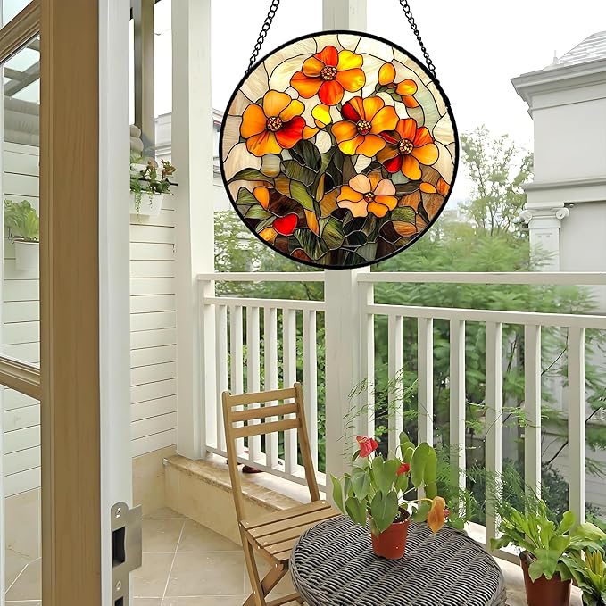 Stained Glass Window Hanging - Orange Marigolds Flowers Suncatcher for Door Garden Yard Sun Catchers Decor Christmas Mother's Day Birthday Gifts for Women Mom Nana Girlfriend Men 9.8 in