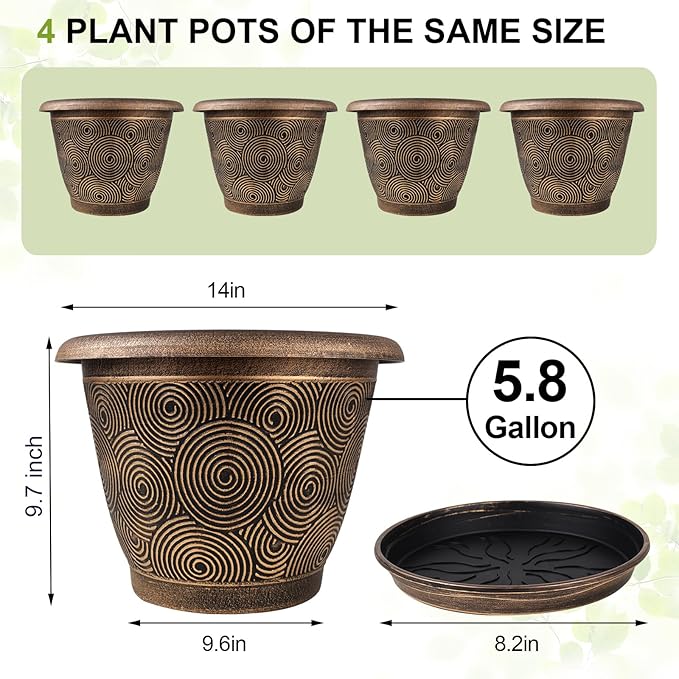 Fodetyff 14 Inch Large Planter Pot for Plants Indoor Outdoor, 4 Pack Plastic Flower Pots with Drainage Hole & Tray, Modern Decorative Garden Pot with Saucer, Plant Container for House