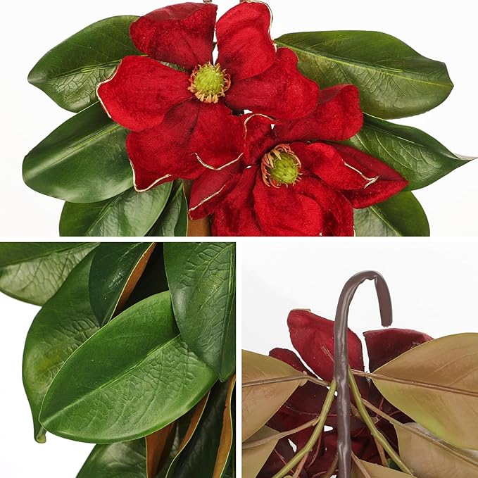 Christmas Poinsettia Teardrop Swag – 28" Artificial Magnolia Leaf Hanging Door Decoration – Holiday Front Door, Fireplace & Stairway Décor for Wedding Christmas Thanksgiving