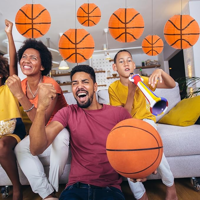 BEISHIDA 8-Inch Basketball Paper Lanterns Decorative Chinese/Japanese Hanging Round Paper Lanterns Lamp for sports party, Sport Themed Birthday Bar Basketball Game Party Decoration (12 Packs)