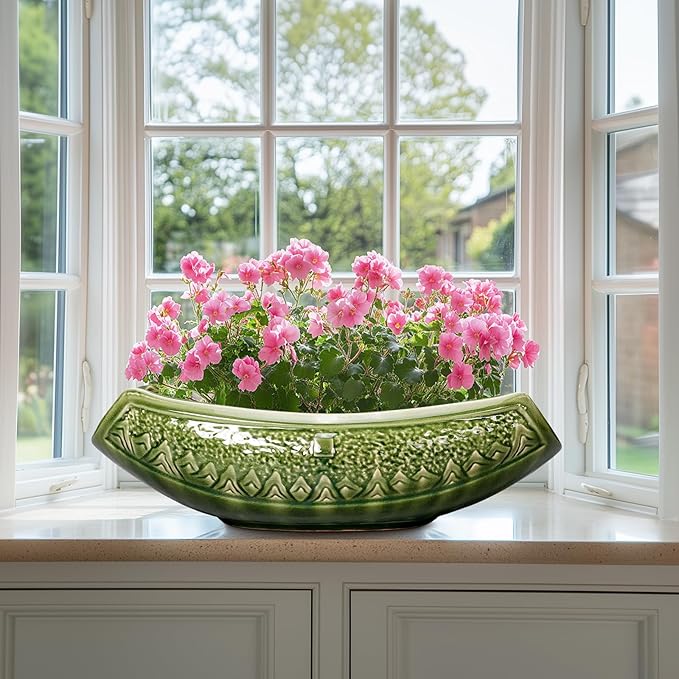 Teagas Bonsai Planter 18 Inch - Large Ceramic Succulent Pots with Drainage Hole, Bonsai Pots for Indoor Outdoor Plant, Ceramic Flower Pot, Decorative Plant Pot, Garden Decor, Housewarming Gift, Green