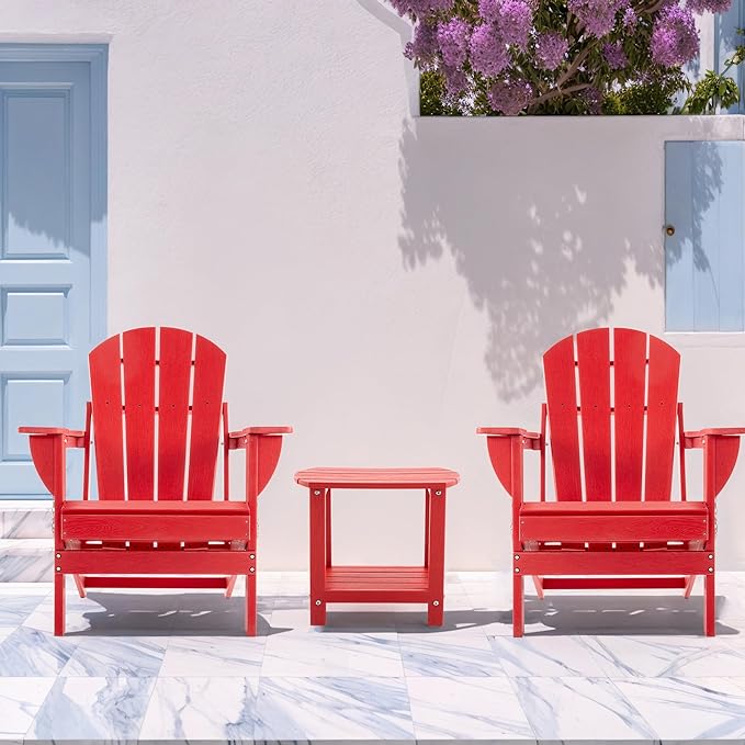 Folding Adirondack Chair Set with Side Table - HDPE Outdoor Patio Chairs, Weatherproof Chair with Reclining Back, Cup & Phone Holder, and 2-Tier Storage End Table for Firepit or Garden (Red)
