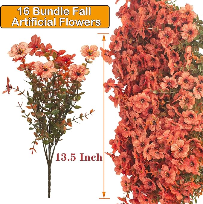 Grunyia Fall Outdoor Artificial Flowers 16 Bundles - UV Resistant Faux Daisy with Eucalyptus Leaves, Weatherproof Fake Plants for Porch, Patio, Garden Decor, Indoor Outdoor Decor (Fall Orange Red)