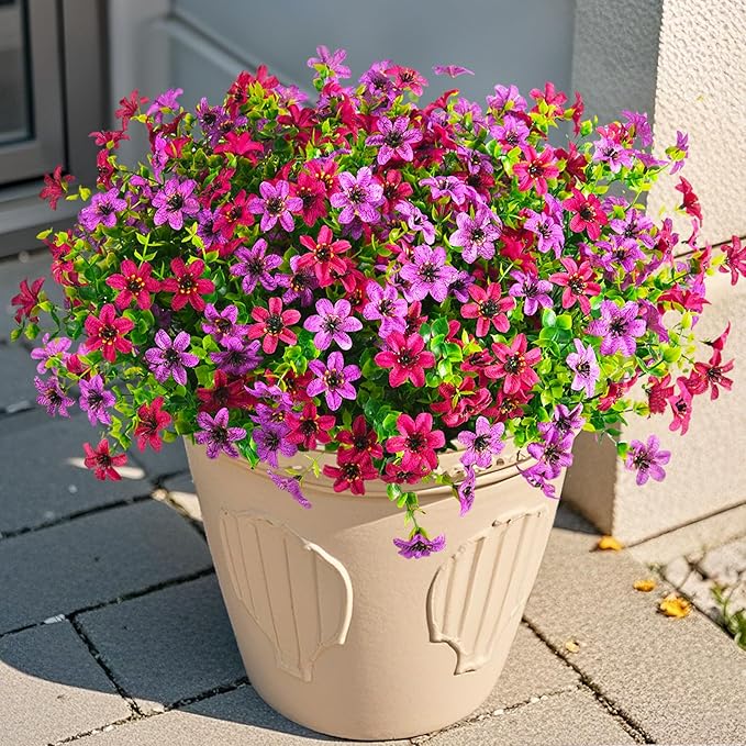 Artificial Flowers for Outdoors 12 Bundles Fake Plants Spring Home Decoration, Realistic Faux Flower Silk Daisy with Eucalyptus Stem UV Resistant Patio Planter Porch Yard Window (Light Purple Fuchsia)