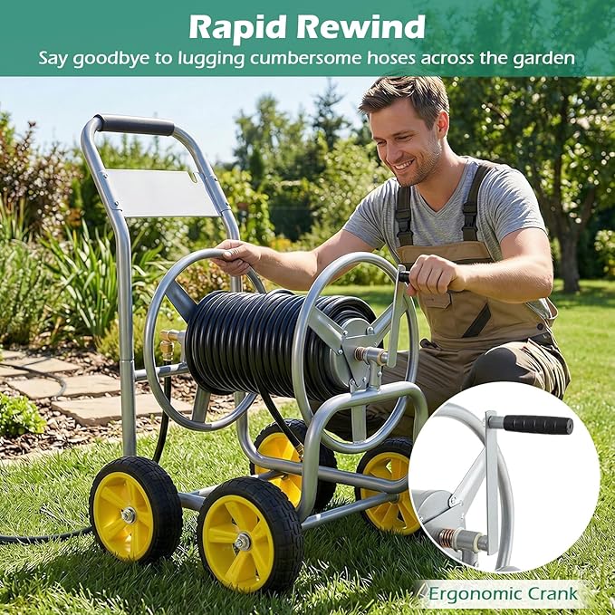 Garden Hose Reel Cart, Mobile Water Hose Cart with Heavy-duty Metal Frame & 4 Solid Wheels, Hold up to 330 ft of 5/8" Hoses, Outdoor Planting Tool for Lawn & Backyard (Silver)