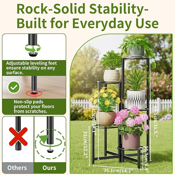 NQW Corner Plant Stand Indoor Outdoor Tall Metal Flower Pot Stands for Multiple Plants 5 Tier Heavy Duty Plant Shelf for Patio Garden Balcony Living Room Bedroom Black Kite