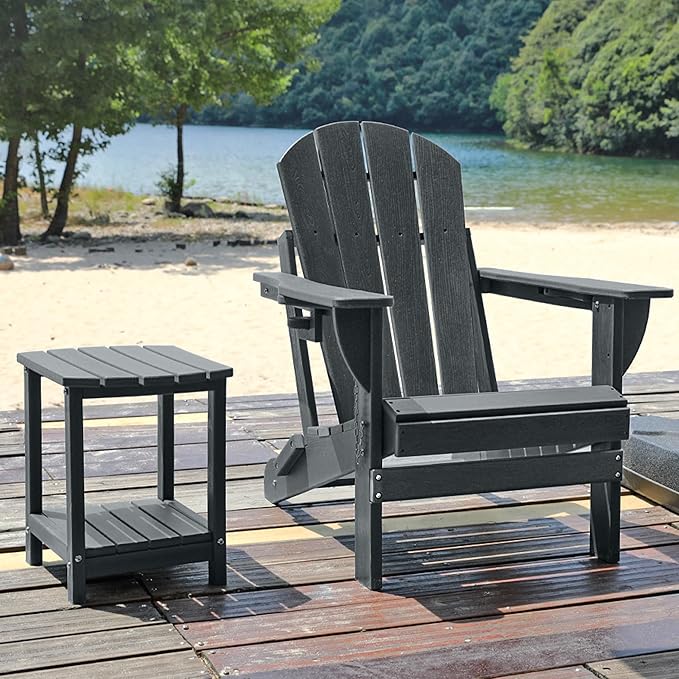 Folding Adirondack Chair Set with Side Table - HDPE Outdoor Patio Chairs, Weatherproof Chair with Reclining Back, Cup & Phone Holder, and 2-Tier Storage End Table for Firepit or Garden (Grey)