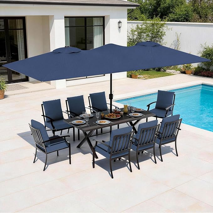10-Pieces Patio Conversation Set,Metal Outdoor Furniture Set Includes 13.6FT Navy Umbrella,Hole Cut-Out 78.7" x 35.4" Table and 8 Metal Backrest Chairs for Backyard,Garden,Navy