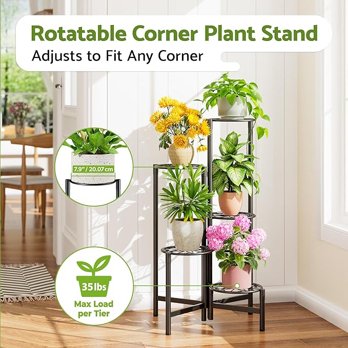 NQW Plant Stand Indoor Outdoor, 5 Tier Corner Metal Flower Display Holder Stand, Folding Tall Plant Rack for Patio Balcony Porch Garden Living Room House, Heavy Duty Wrought Iron Plant Shelf - BlackS