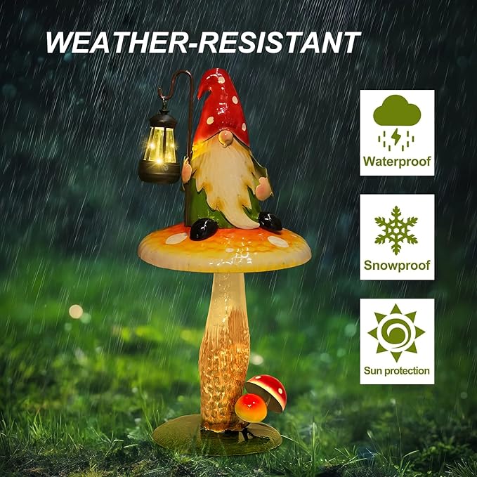 Solar Garden Gnomes Outdoor Statue, Waterproof Outdoor Mushroom Decor with Solar Lantern LED Lights for Yard, Patio, Lawn Ornaments, Valentines Day Gifts for Mom Women, Housewarming Gifts-16.5"