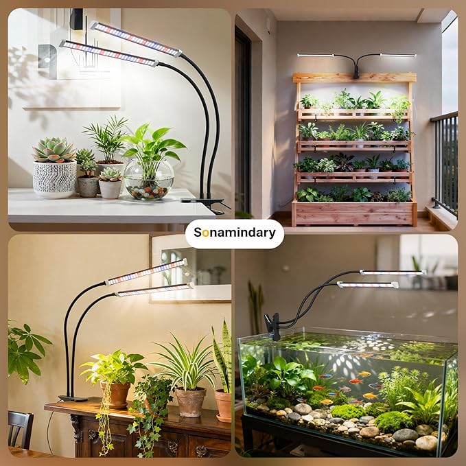 Sonamindary Grow Light for Indoor Plants, 120 LEDs Full Spectrum 5700K Plant Lamp with Red Blue White Light, 5-Level Dimmable, 4/8/12H Timer, Adjustable Clamp Stand(Dual Head)