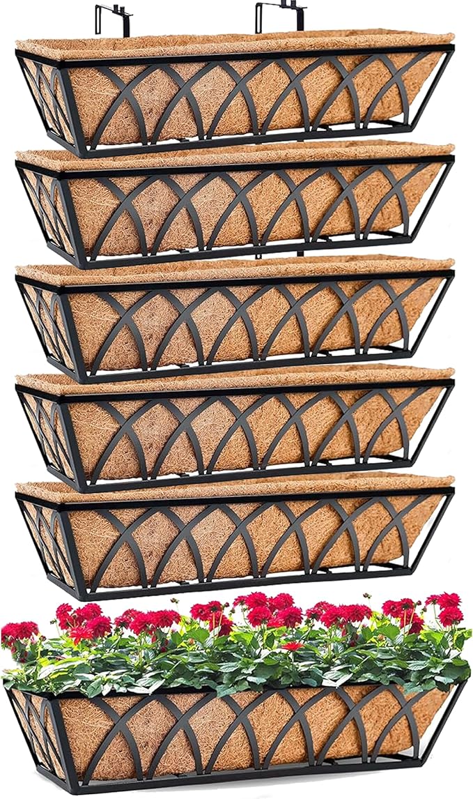 Y&M 24 Inch Fence Metal Hanging Flower Planter Window Basket Deck Railing Planter Boxes for Outdoor Garden Lawn， Window Deck with Coco Liner,6pcs