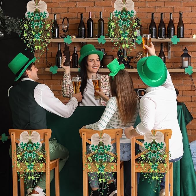2 PCS St.Patrick's Day Swag Wreath for Front Door St. Patricks Day Teardrop Swags Artificial Felt Shamrock Kitchen Cabinet Swags Wreaths with Green Irish Clover Hanging Decor for Home Wall Window