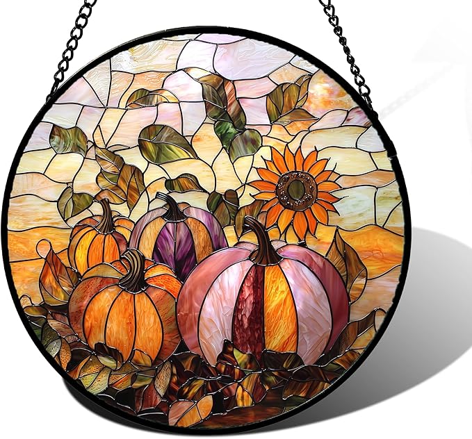 DASTOLL Stained Glass Window Hanging, Pumpkin Sunflower Suncatcher Diamond Glass Panel Sun Catchers Decor for Birthday for Women, Men, Wife, Aunt, and Mom 6.3 in