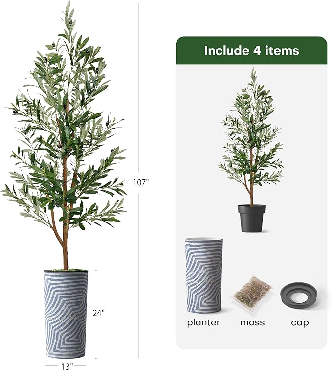 Artificial Tree in Contemporary Geometric Pattern Planter, Fake Olive Silk Tree for Indoor and Outdoor Home Decoration - 68" Overall Tall (Plant Pot Plus Tree)
