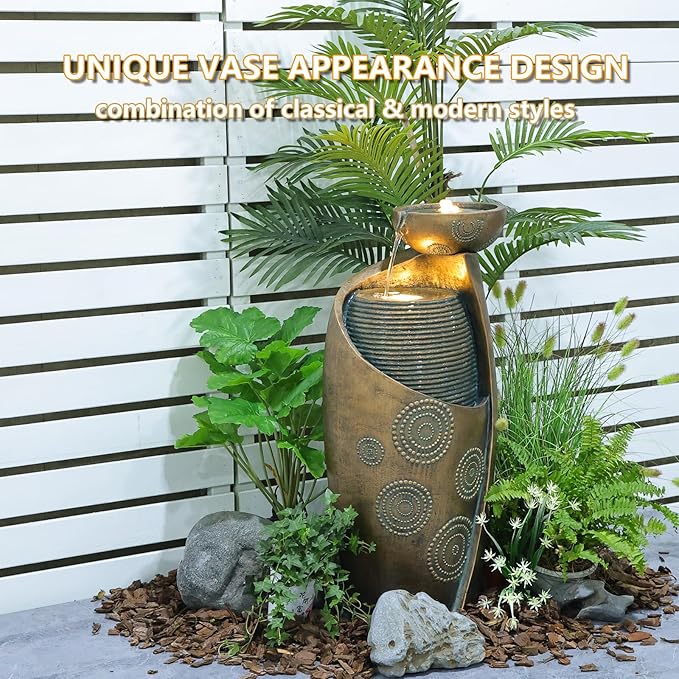 Vase Outdoor Water Fountain, 31.4''H Jar Waterfall Fountain with Warm LED Lights&Durable Pump for Yard, Porches, Home Décor,Garden,Office