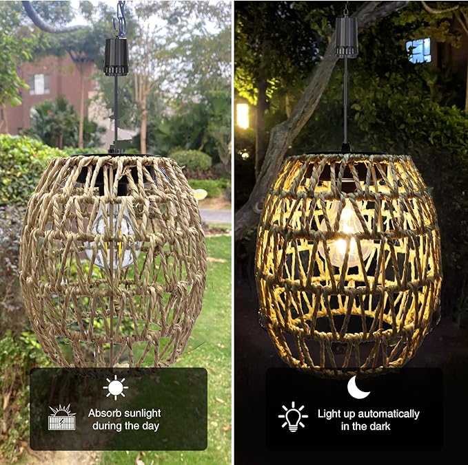 Battery Operated Outdoor Hanging Light Waterproof,6 Hours Timer Seagrass Woven Chandelier Indoor Outdoor Rattan Lantern for Patio Porch Gazebo Garden,Battery Operated Pendant Light with Edison Bulb
