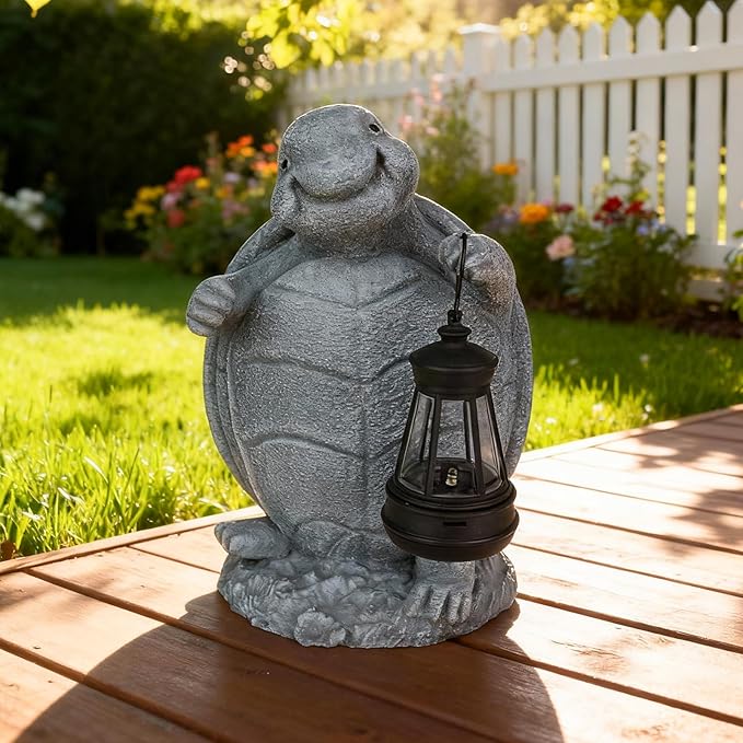 Solar Turtle Garden Statue with Lantern - Cute Outdoor Resin Figurine Light for Patio Lawn Porch Decor - Waterproof Solar Powered Animal Ornament - Unique Housewarming Birthday Gifts for Mom Grandma
