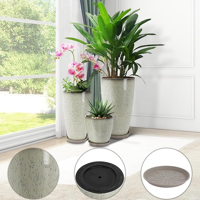 Neoaider 24/21/12 Inch Large Plastic Planter, Lightweight Ceramic-Look Tall Planters with Drain Hole & Saucers, Tall Plastic Planters for Porch, Garden, Patio, Balcony(Glaze Beige)