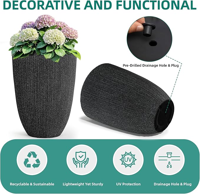 Ultym 19" H Mediterranean Planter for Indoor/Outdoor Plants, Set of 2 Large Flower Pot with Drainage Hole, Weather/UV Resistant Resin Planters for Garden Patio Porch Home Office Decor, Black Fluted