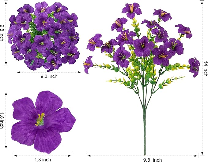 Artificial Flowers for Outdoors Decoration, 20 Bundles Purple Faux Morning Glory with Eucalyptus Look Real UV Resistant Fake Plants Silk Flowers for Outside Yard Gardens Porch Patio Planter Home Urn