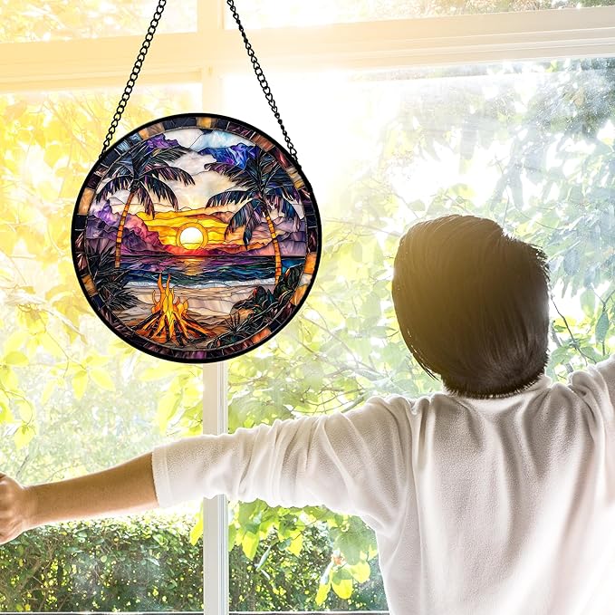 DASTOLL Stained Glass Window Hanging,Bonfire Beach Landscape Suncatcher Diamond Glass Panel Sun Catchers Decor for Birthday for Women, Men, Wife, Aunt, and Mom 7.8 in