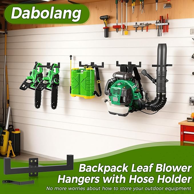 Backpack Leaf Blower Hanger with Hose Holder,Heary Duty Backpack Blower Sprayer Rack,Backpack Blower Wall Mount,Backpack Hanger for Weed Eater,Hedge Trimmer,Chain Saw,Garage Organizer Storage(2 PCS)
