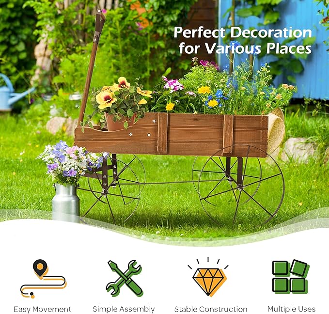 Giantex Decorative Garden Planter, Small Wagon Cart with Metal Wheels, Wood Raised Beds Plant Pot Stand for Backyard Garden Patio 24.5"x13.5"x24" (Natural)
