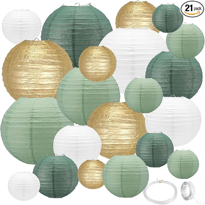 21Pcs Sage Green Paper Lanterns,4"6"8"10"12" Hanging Round Paper Lanterns Decorative for Indoor or Outdoor Weddings Bridal Shower Decorations,Rustic Party,Graduation,Sage Green Birthday Party Supplies