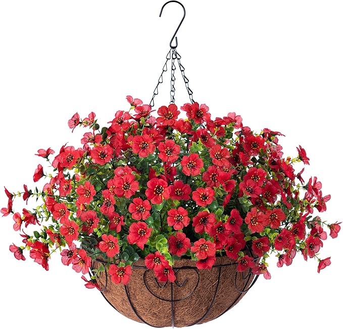 Artificial Flowers Hanging Basket for Outdoor Indoor Spring Summer Decoration,Fake Silk Colorful Daisy Eucalyptus in 12" Coconut Lining Flowerpot Arrangement for Home Patio Yard Decor(Red)
