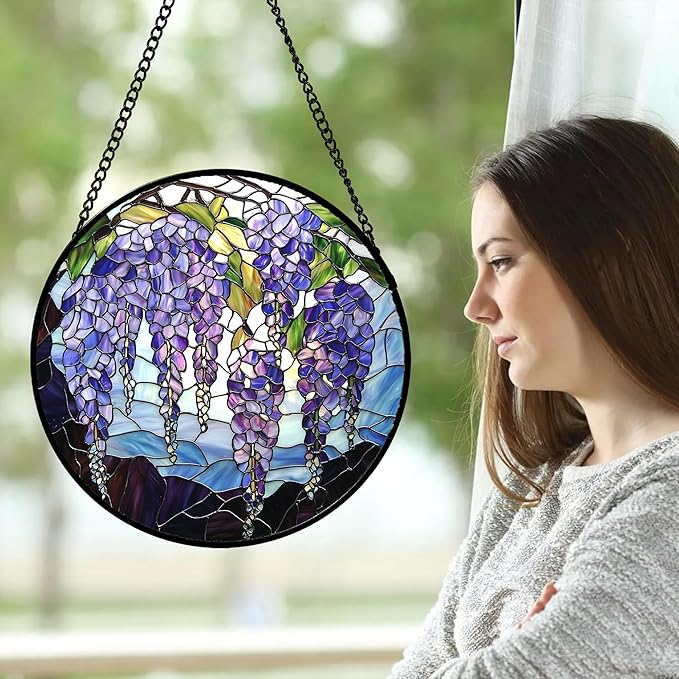 AMDERVEN Stained Glass Window Hanging, Wisteria Flower Sun Catcher for Door Home Decor Purple and Blue Suncatcher Christmas Mother's Day Birthday Gifts for Women Men Mom and Nana 7.8 in
