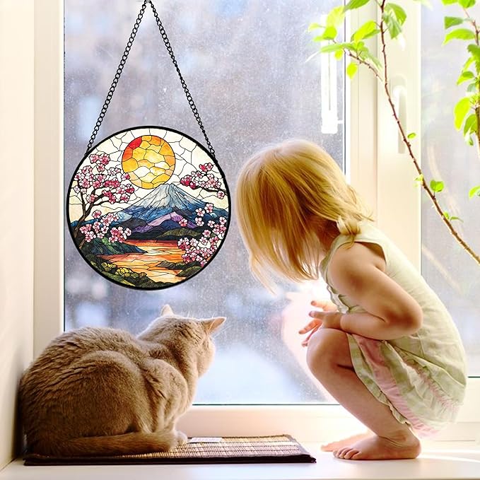 DASTOLL Stained Glass Window Hanging, Sun Blooming Cherry Blossoms Suncatcher Diamond Glass Panel Sun Catchers Decor for Birthday for Women, Men, Wife, Aunt, and Mom 6.3 in