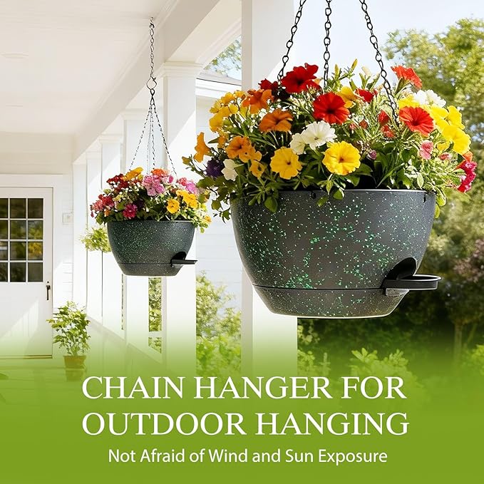 SQKH 12 Inch Hanging Baskets 2 PC with Chains, Self-Watering Hanging Planters for Indoor Outdoor Plants, Plastic Hanging Flower Pots, Black with Green Speckles