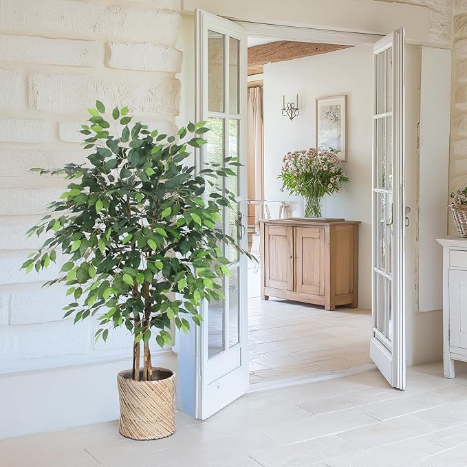 AQUGQ Artificial Ficus Tree 5ft, Artificial Plants Indoor with Realistic Leaves & Trunk, Fake Plants for Home Office Living Room Decor