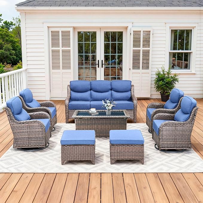 Luxury High Back Patio Furniture Set with 6-Inch Thick Cushions, 8-Pieces Outdoor Furniture with Swivel Chairs, Wicker Conversation Set for Porch, Balcony, Deck and Yard, Brown/Blue