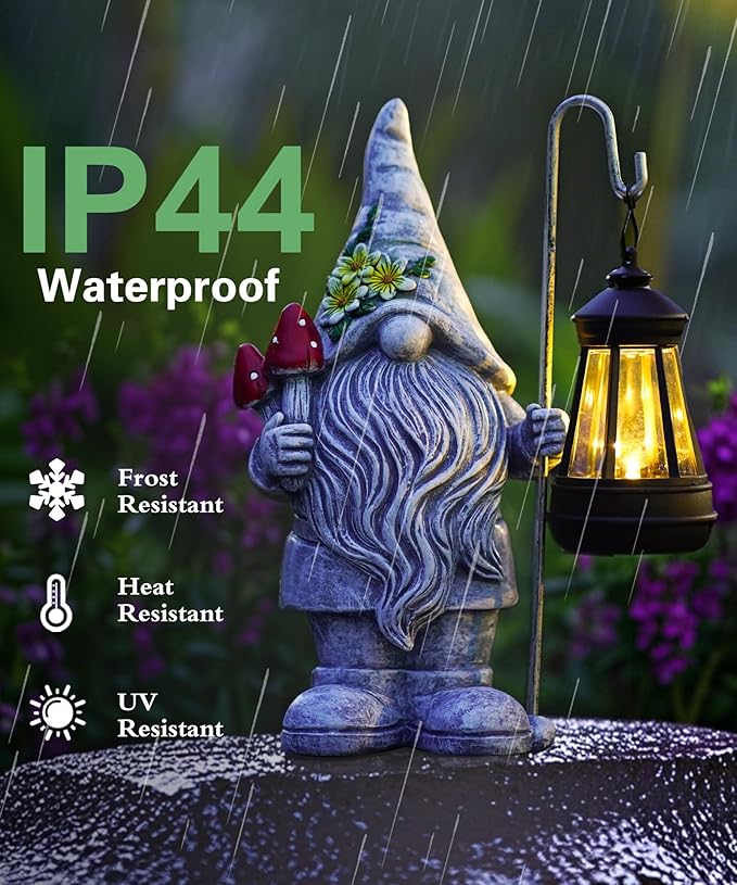 Garden Gnome Statue with Solar Lights Lantern,Outdoor Sculpture Home Decor for Yard Lawn Balcony Patio Porch,Gardening Gifts for Mom Women Grandma