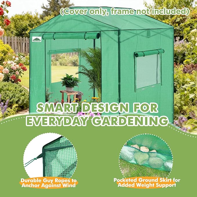 EAGLE PEAK Replacement Cover for 6x6 Gable Roof Pop up Greenhouse, Front and Rear Roll-Up Zipper Entry Doors and 2 Large Roll-Up Side Windows (Frame Not Included), Green