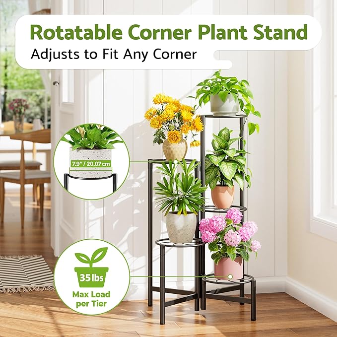 NQW Corner Plant Stand Indoor Outdoor Tall Metal Flower Pot Stands for Multiple Plants 5 Tier Heavy Duty Plant Shelf for Patio Garden Balcony Living Room Bedroom Black Kite