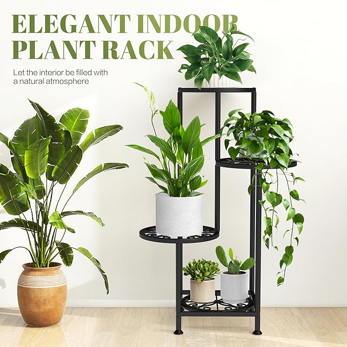 YOCOMEY 4 Tier Plant Stand Outdoor Indoor, Metal Flower Shelf Display Holder, Multiple Plants Corner Tall Flower Holders for Patio Balcony Porch Garden Living Room (Black)