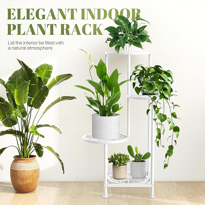 YOCOMEY 4 Tier Plant Stand Outdoor Indoor, Metal Flower Shelf Display Holder, Multiple Plants Corner Tall Flower Holders for Patio Balcony Porch Garden Living Room (White)