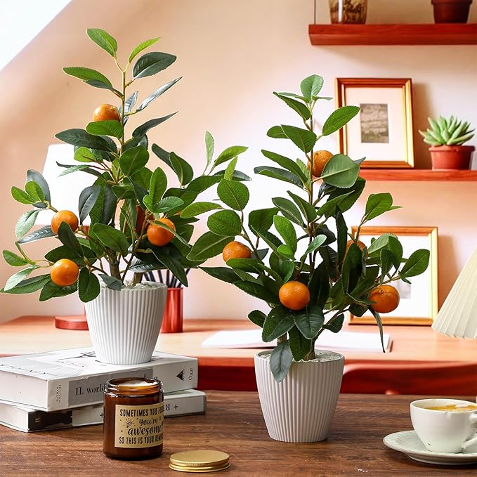 2 Pack Artificial Orange Potted Plants 19.7 Inches Fake Orange Tree Simulation Realistic Fruit Plant with Pot Faux Tree Indoor Decoration for Home Office Living Room Table Desk