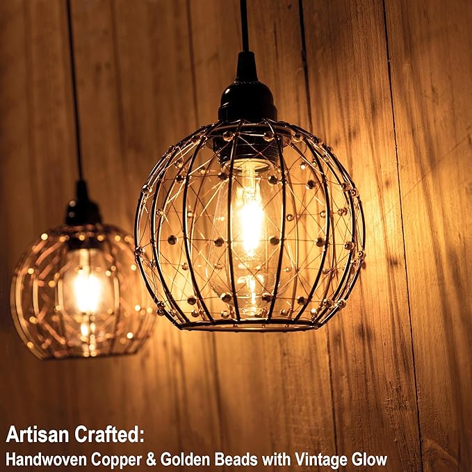 Hanging Pendant Lights, Battery Operated Outdoor Chandelier with Warm White LED Bulb for Patio Tree Pergola Gazebo Porch (Beaded Ball-ST58-3PK)