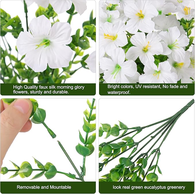 Artificial Flowers for Outdoors Fake Plants Outside Decoration, 20 Bundles White Silk Petunia with Eucalyptus UV Resistant Realistic Faux Flowers for Outdoor Planters Garden Balcony Yard Porch Patio