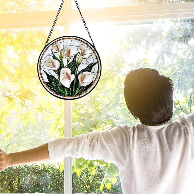 DASTOLL Stained Glass Window Hanging, White Calla Lily Flowers Sun Catchers Glass Panel Plant Suncatcher Decor for Birthday for Women, Men, Wife, Aunt, and Mom 6.3 in